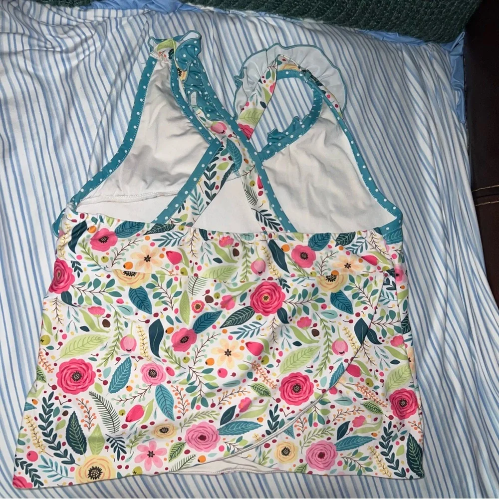 Lily & Londyn Floral Tankini Set with Teal Polka Dot Bottoms